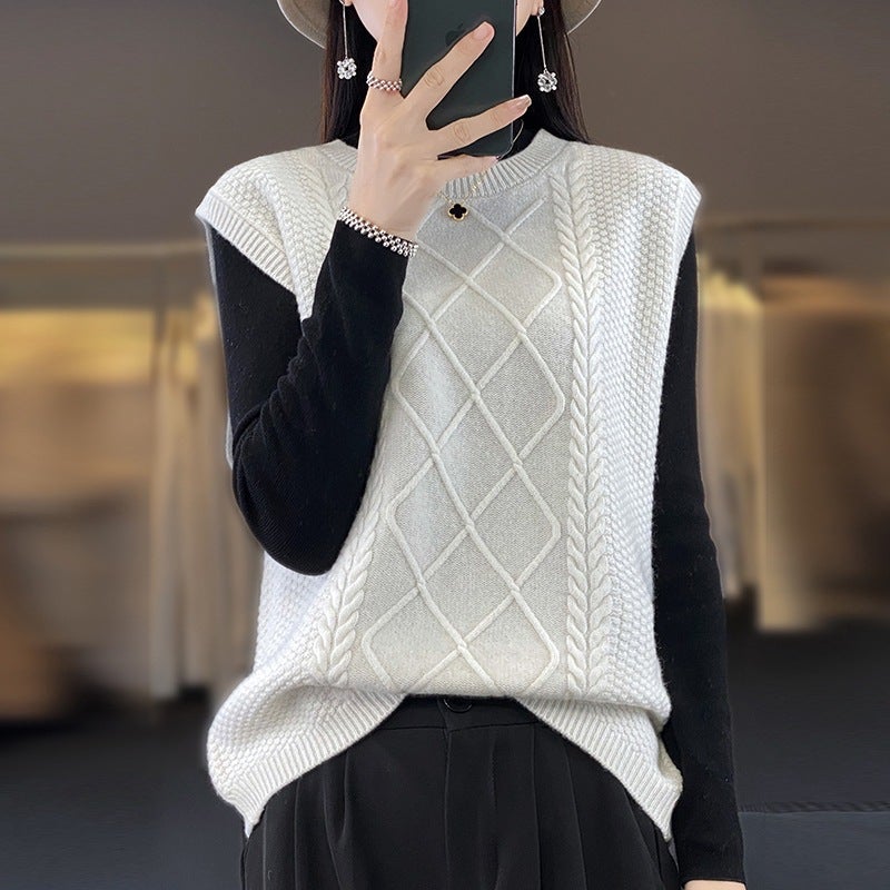 Spring Round Neck 2023 Wool Sweater Vest Wool Twist Vest Outer Horse Match New Waistcoat Clip Sleeveless Wool - Image 2