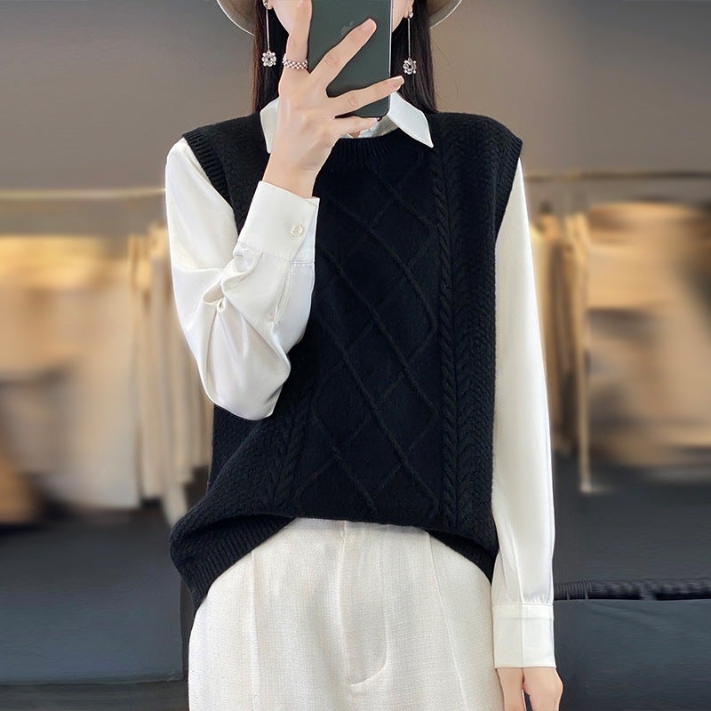 Spring Round Neck 2023 Wool Sweater Vest Wool Twist Vest Outer Horse Match New Waistcoat Clip Sleeveless Wool - Image 4
