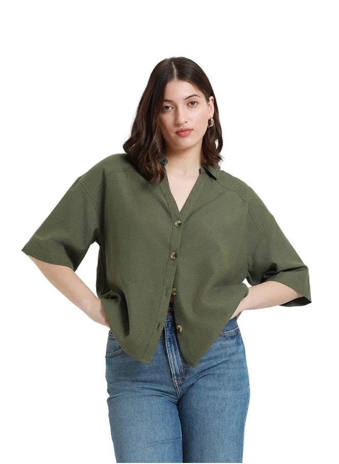 دينيس لينغو Olive Shirt for Women - Cotton Viscose Flex, Regular Fit