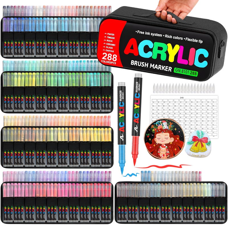 Amamao 288 Colors Acrylic Paint Markers with Automatic Ink Control System, Soft Brush Tip Acrylic Markers for Paper, Rock, Wood, Canvas, Glass and Ceramic Art Supplies, Paint Pens & Paint Markers with Bag - Image 1
