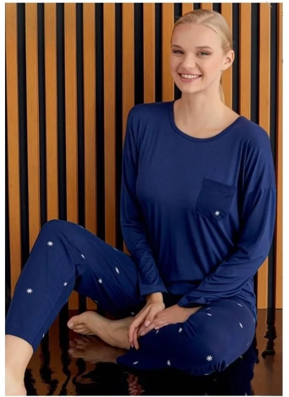 Bie'S Women's Patterned Crew Neck Bamboo Long Sleeve Viscose Seasonal Pajama Set with Chest Pocket