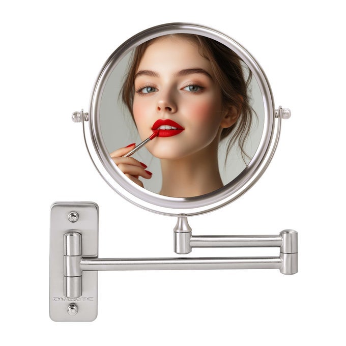 7 WALL MOUNTED MAKEUP MIRROR WITH 1X10X MAGNIFICATION DOUBLE SIDED MAGNIFYING ROUND BATHROOM VANITY MIRROR 360 SWIVEL DESIGN EXTENDABLE AND FOLDING ARM NICKEL BRUSHED MNLFW70BR1X10X
