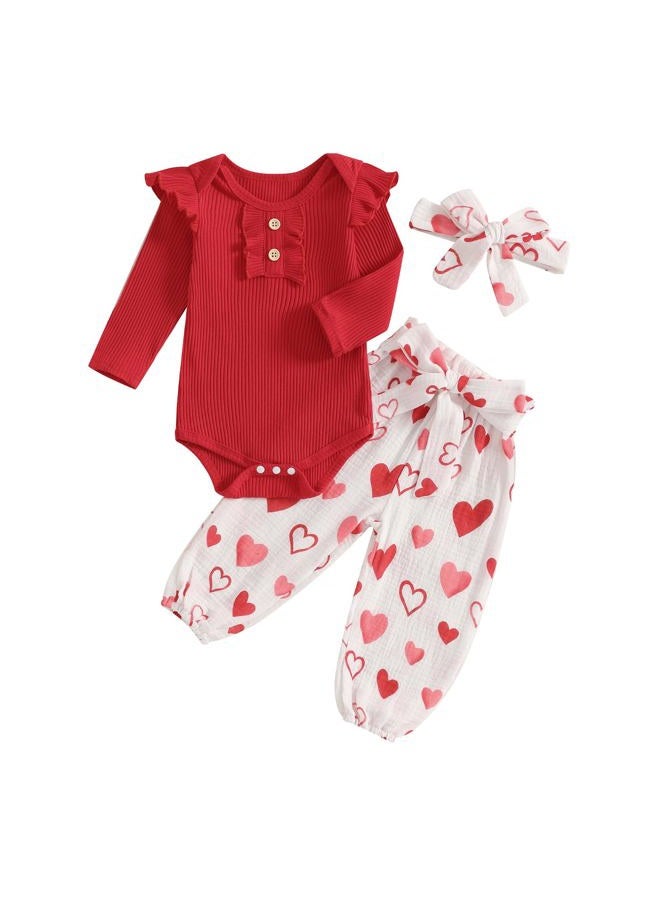 Rtnnsbbfcm Newborn Baby Girl Valentine's Day Outfit Long Sleeve Ribbed Romper Heart Print Pants Headband 3Pcs Set (Red, 12-18 Months) - Image 1