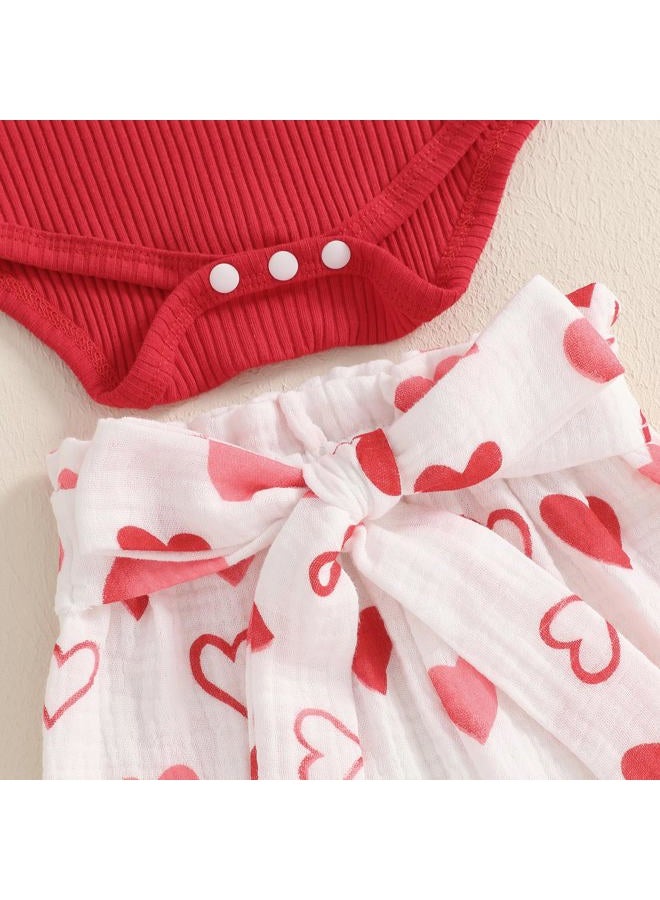 Rtnnsbbfcm Newborn Baby Girl Valentine's Day Outfit Long Sleeve Ribbed Romper Heart Print Pants Headband 3Pcs Set (Red, 12-18 Months) - Image 5