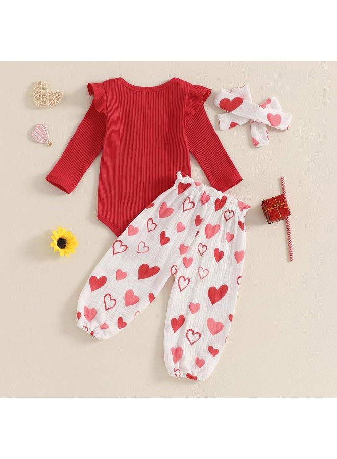 Rtnnsbbfcm Newborn Baby Girl Valentine's Day Outfit Long Sleeve Ribbed Romper Heart Print Pants Headband 3Pcs Set (Red, 12-18 Months) - Image 3