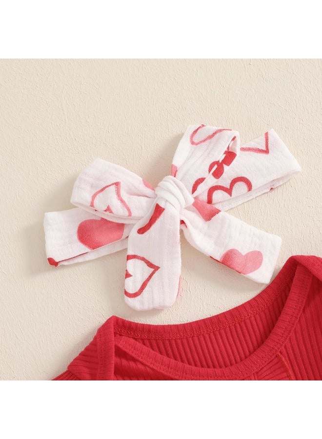 Rtnnsbbfcm Newborn Baby Girl Valentine's Day Outfit Long Sleeve Ribbed Romper Heart Print Pants Headband 3Pcs Set (Red, 12-18 Months) - Image 4