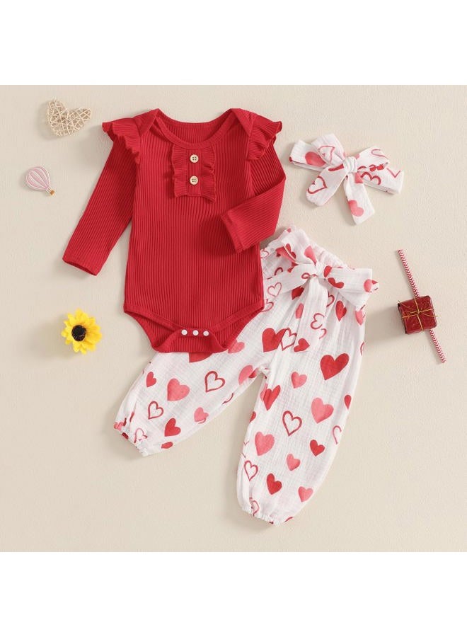 Rtnnsbbfcm Newborn Baby Girl Valentine's Day Outfit Long Sleeve Ribbed Romper Heart Print Pants Headband 3Pcs Set (Red, 12-18 Months) - Image 2