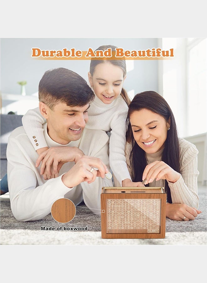 NIBEMINENT Money Saving Box for Kids Adults, 10000 Savings Challenge Box, Wooden Digital Cash Vault Piggy Bank Boys Girls Cash box with Money Target and Numbers - Image 4