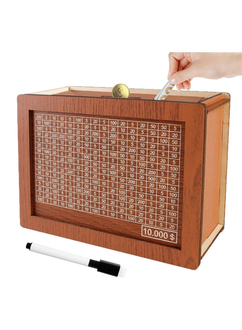 NIBEMINENT Money Saving Box for Kids Adults, 10000 Savings Challenge Box, Wooden Digital Cash Vault Piggy Bank Boys Girls Cash box with Money Target and Numbers - Image 1