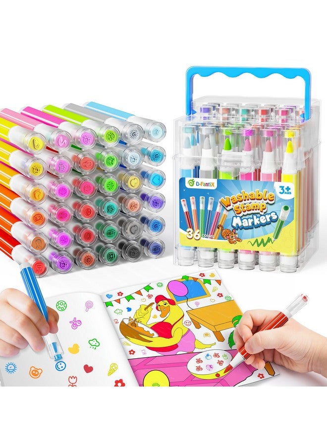 D-FantiX 36 Colors Washable Markers For Kids, Stamp Markers Coloring Set With Coloring Books And Stand Portable Box, Back To School Supplies For Girls Boys, Kids Road Trip Activities - Image 1
