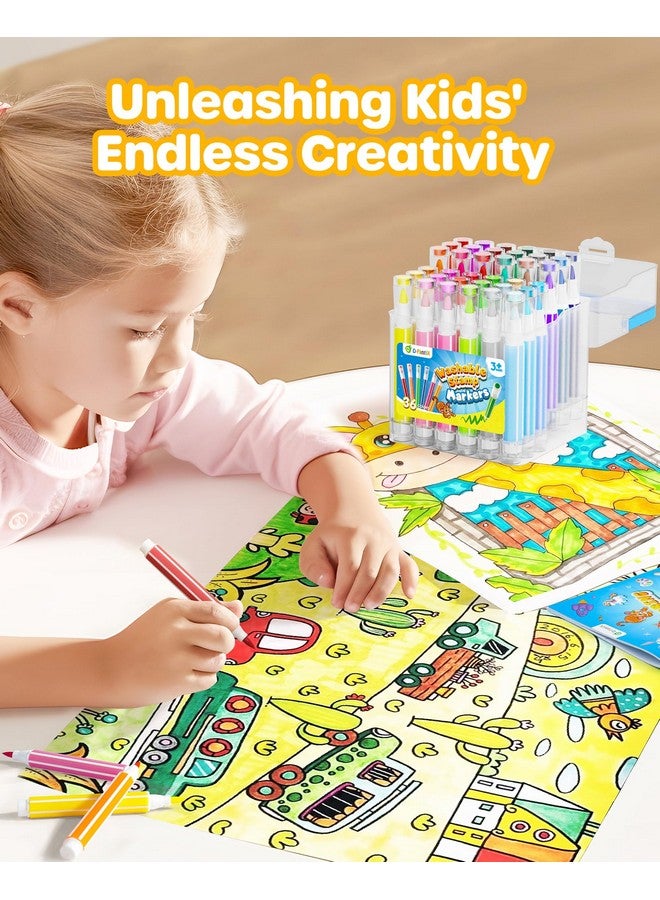 D-FantiX 36 Colors Washable Markers For Kids, Stamp Markers Coloring Set With Coloring Books And Stand Portable Box, Back To School Supplies For Girls Boys, Kids Road Trip Activities - Image 3