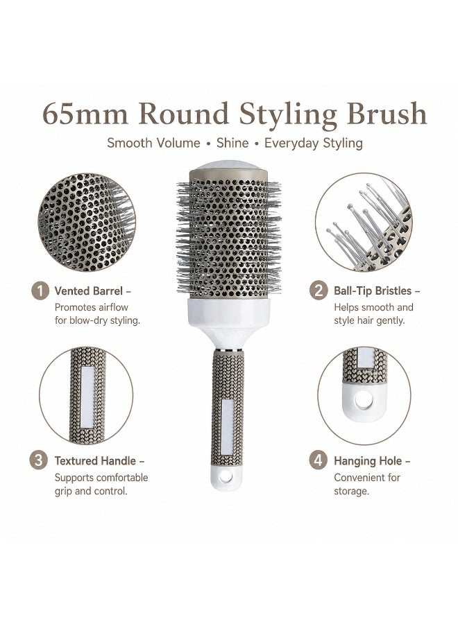 65mm Round Blow-Dry Hair Brush with Vented Barrel, Rounded-Tip Bristles and Textured Handle, White and Silver-Tone, 1 Piece - Image 2