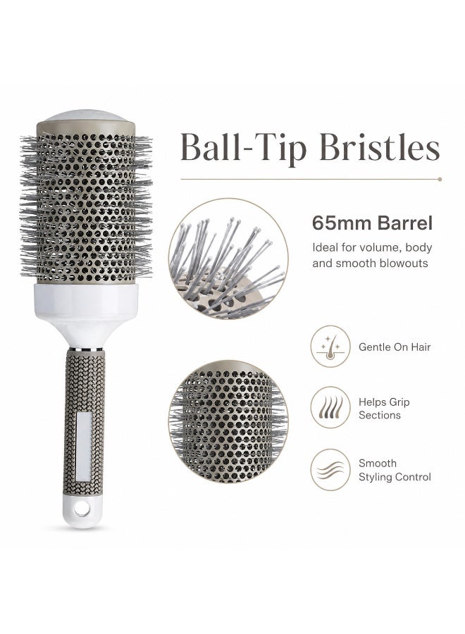 65mm Round Blow-Dry Hair Brush with Vented Barrel, Rounded-Tip Bristles and Textured Handle, White and Silver-Tone, 1 Piece - Image 4