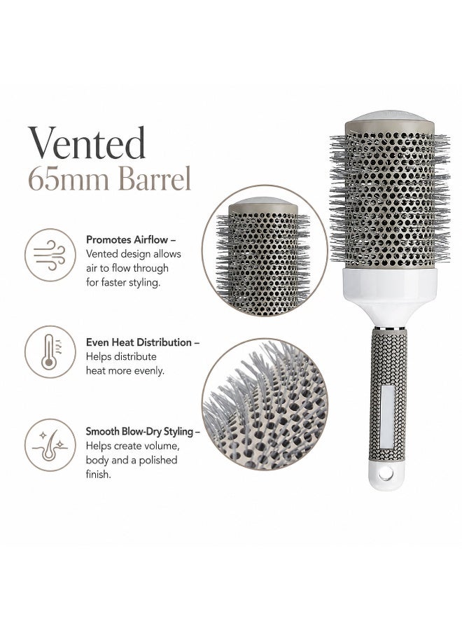 65mm Round Blow-Dry Hair Brush with Vented Barrel, Rounded-Tip Bristles and Textured Handle, White and Silver-Tone, 1 Piece - Image 3