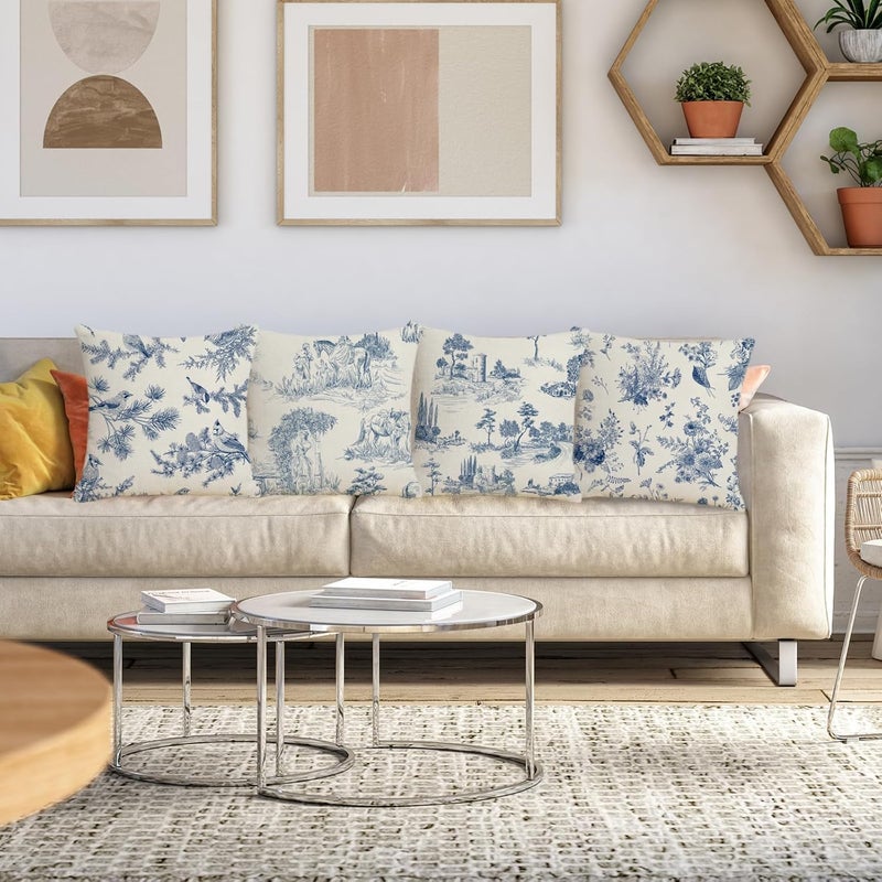 كاست ويف أغطية وسائد رمي تويل مقاس 18 × 18 بوصة، مجموعة من 4 قطع، وسائد على الطراز الريفي الفرنسي، أغطية وسائد زخرفية زرقاء عتيقة على طراز الشينوازري للأريكة وغرفة المعيشة - Image 3