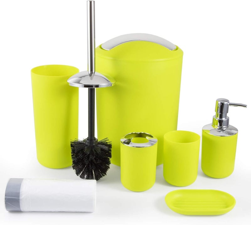 UYCCIMB Bathroom Accessories Set, 6 Piece Plastic Bathroom Accessorie Gift Set with Toothbrush Holder,Toothbrush Cup,Soap Dish,Soap Dispenser,Toilet Brush Holder,Bathroom Trash Can with Garbage Bag (Green) - Image 1