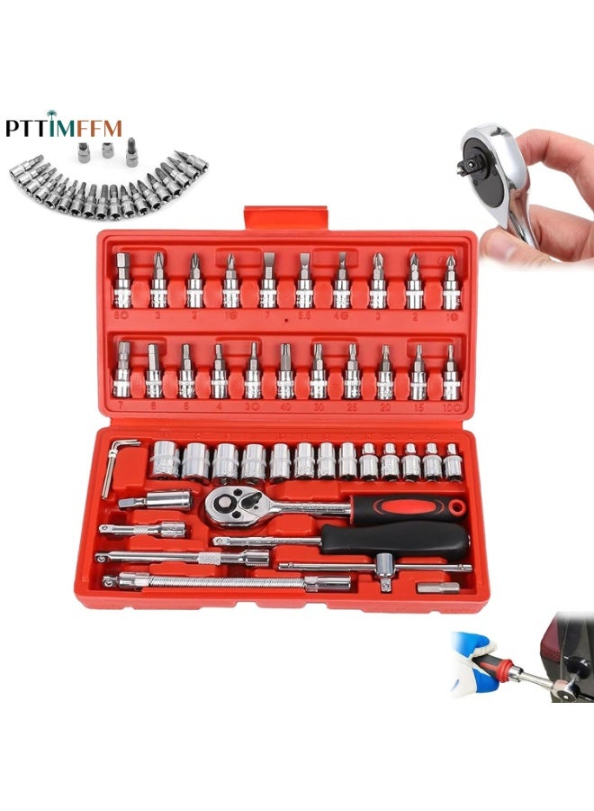 بتيمفم مجموعة مفاتيح ربط سقاطة 46 قطعة مقاس 1/4 بوصة مع مقابس وملحقات مترية، مثالية للسيارات والدراجات وإصلاحات الدراجات النارية والاستخدام المنزلي، تتضمن حقيبة تخزين (أحمر) - Image 1