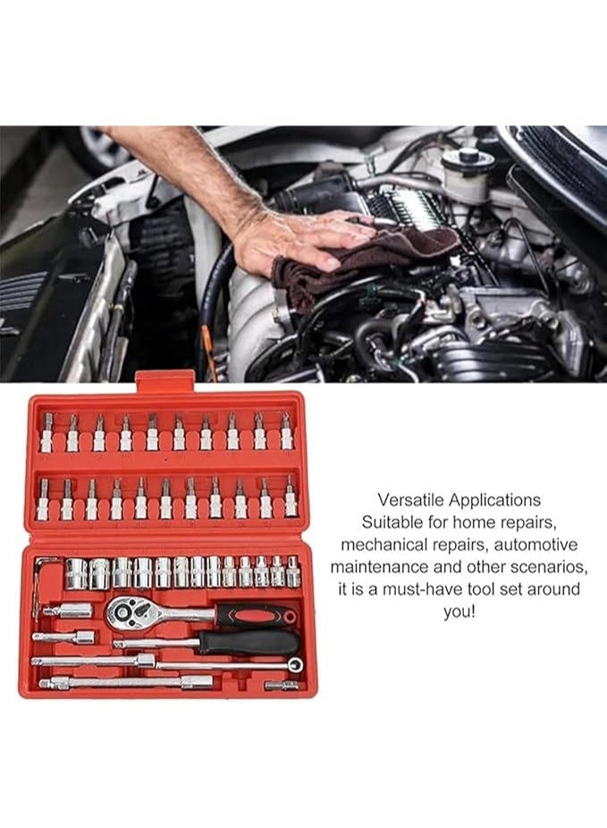 بتيمفم مجموعة مفاتيح ربط سقاطة 46 قطعة مقاس 1/4 بوصة مع مقابس وملحقات مترية، مثالية للسيارات والدراجات وإصلاحات الدراجات النارية والاستخدام المنزلي، تتضمن حقيبة تخزين (أحمر) - Image 3
