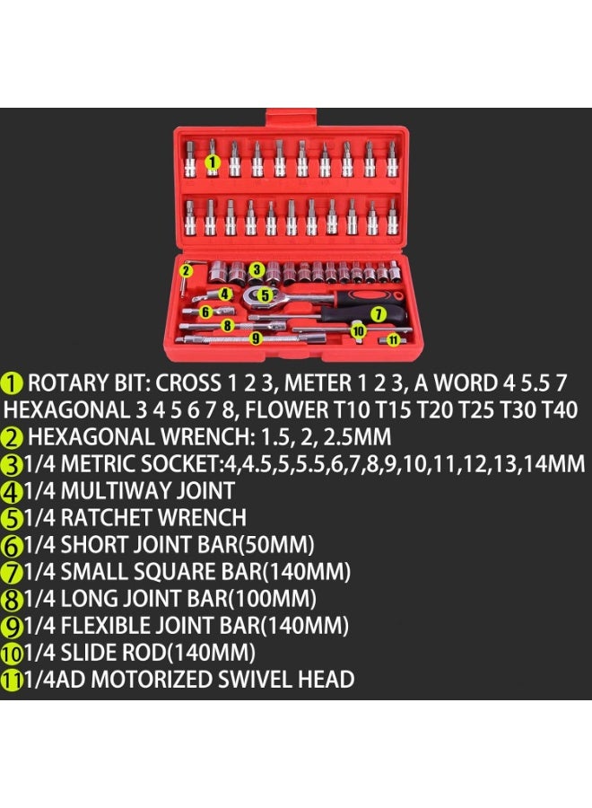 بتيمفم مجموعة مفاتيح ربط سقاطة 46 قطعة مقاس 1/4 بوصة مع مقابس وملحقات مترية، مثالية للسيارات والدراجات وإصلاحات الدراجات النارية والاستخدام المنزلي، تتضمن حقيبة تخزين (أحمر) - Image 2