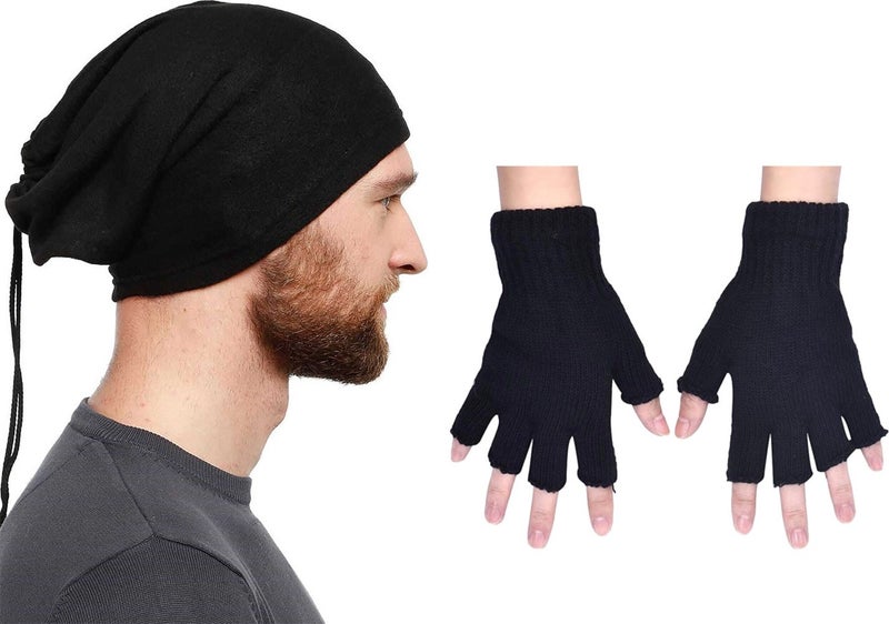 Belifanti Collection Unisex Cut-Out Gloves Fleece Beanie Neck Collar Black Set 