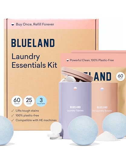 BLUELAND Laundry Essentials Kit, Fragrance Free & Clear - Plastic-Free Laundry Detergent Tablets, Oxi Booster, and Reuseable Natural Wool Dryer Balls - Image 1