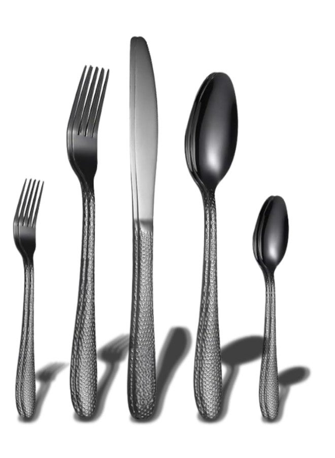 Eletree Stainless Steel Flatware Set | Hammered Handle Cutlery with Salad Forks Dinner Forks Tea Spoons Dinner Spoons and Knives | Dishwasher Safe Tableware for Home and Restaurant (10, Black) - Image 1