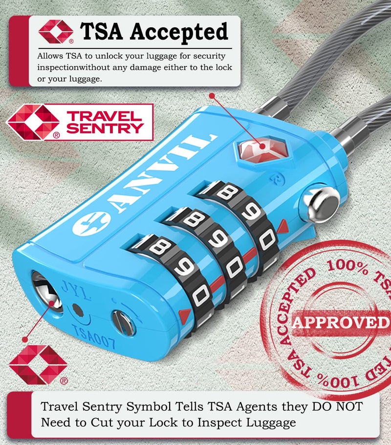 ANVIL TSA Locks for Luggage â€“ TSA Approved Cable Travel Lock with Zinc Alloy Body, 3-Digit Combination Lock for Suitcases, Backpacks, Gun Cases, Zippers (Tricolor 6 Pack) - Image 2