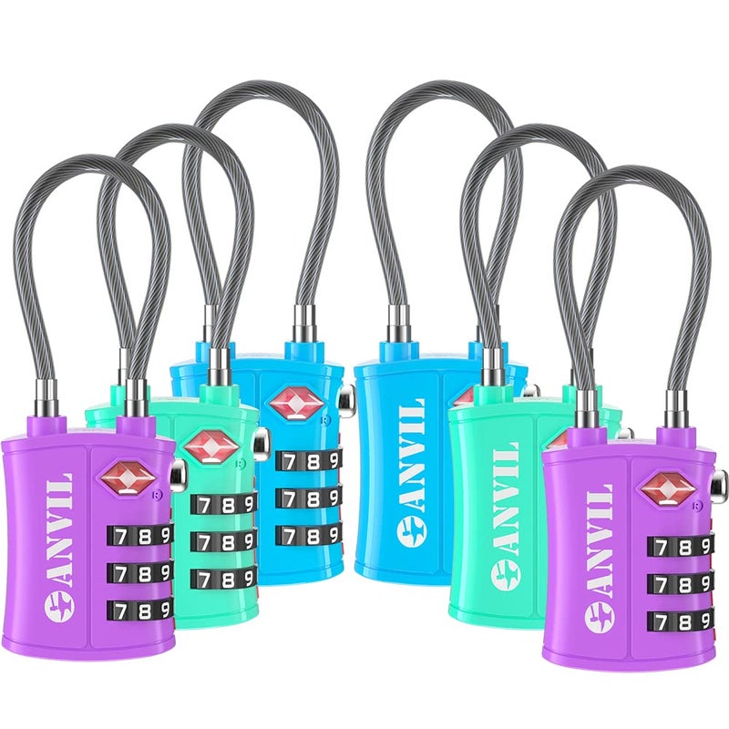 ANVIL TSA Locks for Luggage â€“ TSA Approved Cable Travel Lock with Zinc Alloy Body, 3-Digit Combination Lock for Suitcases, Backpacks, Gun Cases, Zippers (Tricolor 6 Pack) - Image 1