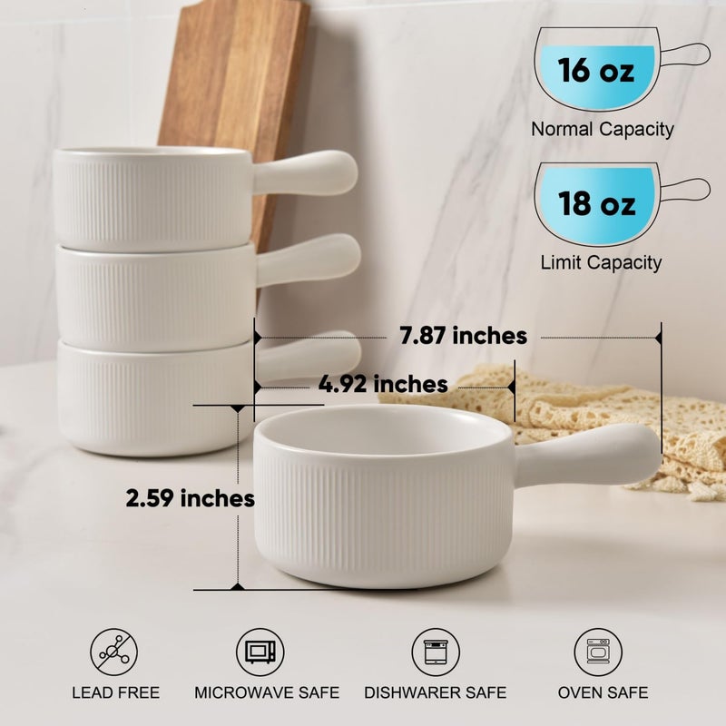 Vumdua French Onion Soup Bowls, 16 oz Ceramic Soup Bowls with Handles, Soup Crocks Oven Safe for Chili, Stew, Cereal, Microwave Dishwasher Safe, Set of 4, Wax White - Image 3