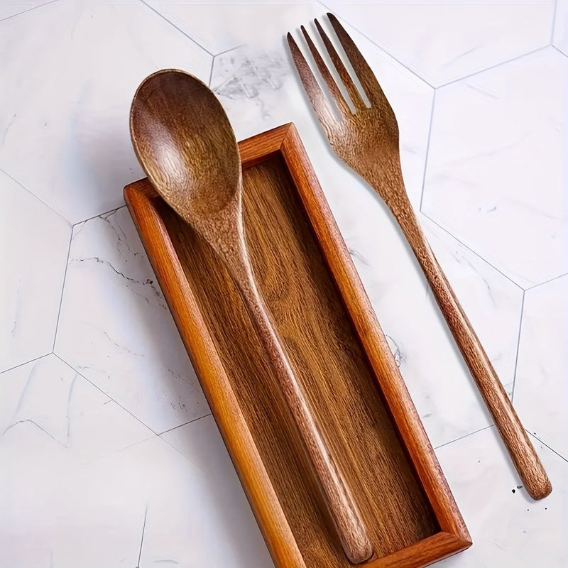 Brown Natural Wooden Cutlery Set 3 Piece Portable Reusable Spoon Fork And Chopsticks - Image 5