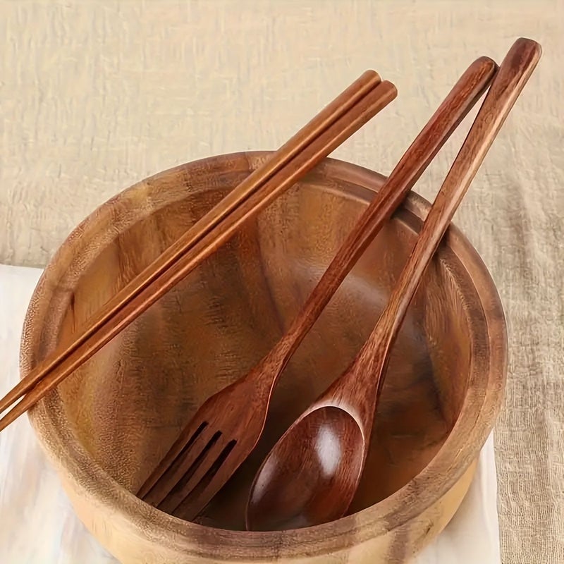 Brown Natural Wooden Cutlery Set 3 Piece Portable Reusable Spoon Fork And Chopsticks - Image 1