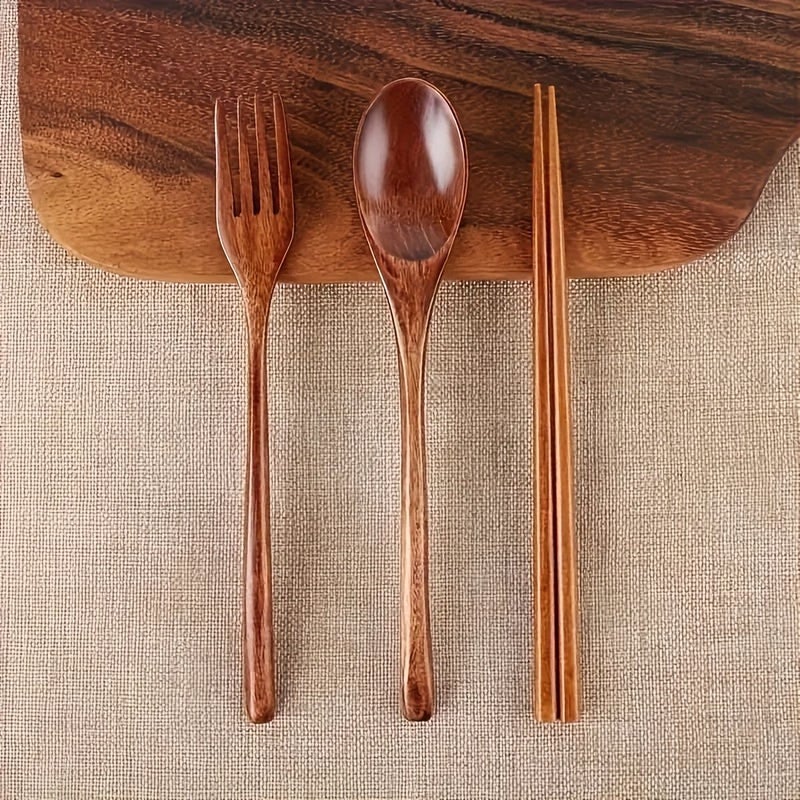 Brown Natural Wooden Cutlery Set 3 Piece Portable Reusable Spoon Fork And Chopsticks - Image 2
