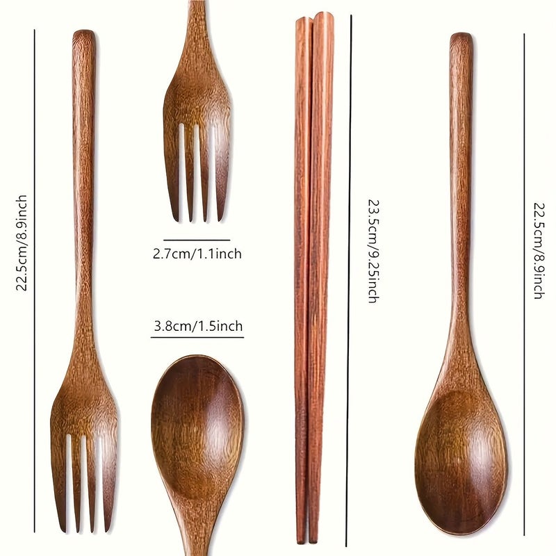 Brown Natural Wooden Cutlery Set 3 Piece Portable Reusable Spoon Fork And Chopsticks - Image 3