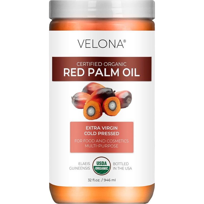 velona USDA Certified Organic Red Palm Oil 32 Fl Oz  Food and Cosmetic Grade  in jar  Extra Virgin Cold Pressed  Skin Face Body Hair Care  Use Today  Enjoy Results