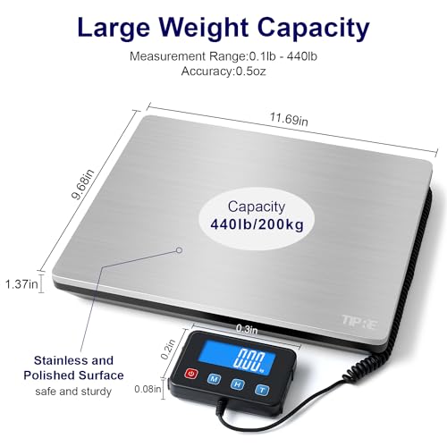 TIPRE Shipping Scale 440lbs for Packages, Heavy Duty Digital Postal Scale with LCD Display 0.35 oz High Precision Express Scale with Type-C Charging & Batteries Smart Hold/Tare for Small Business Home - Image 2