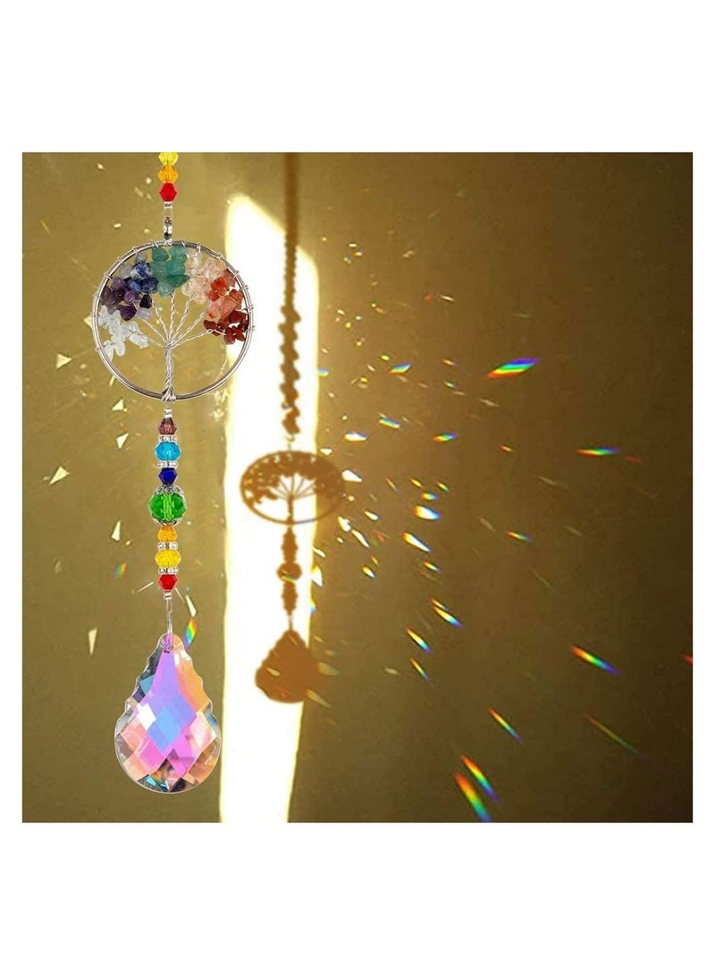 Excefore Chakra Healing Crystal Stone Sun Catchers for Windows, Tree of Life Tandem Natural Quartz Gemstone Pendant Rainbow Maker Suncatcher, Spiritual Gifts for Women  - Image 2
