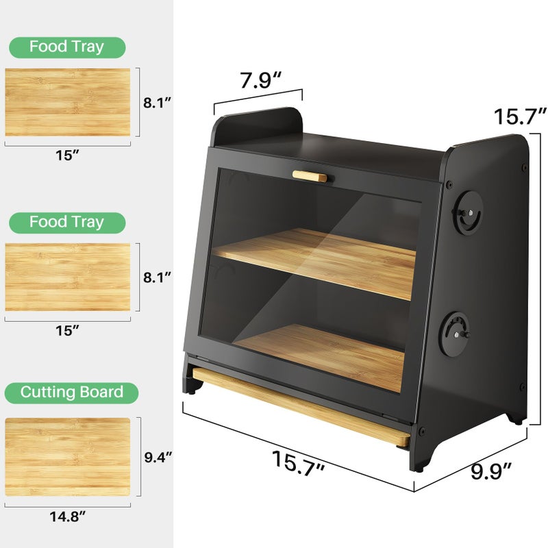 SNTD Bread Box for Kitchen Countertop, Airtight Homemade Bread Storage Container with Adjustable Vent Holes, Bamboo Cutting Board (Black, L) - Image 2