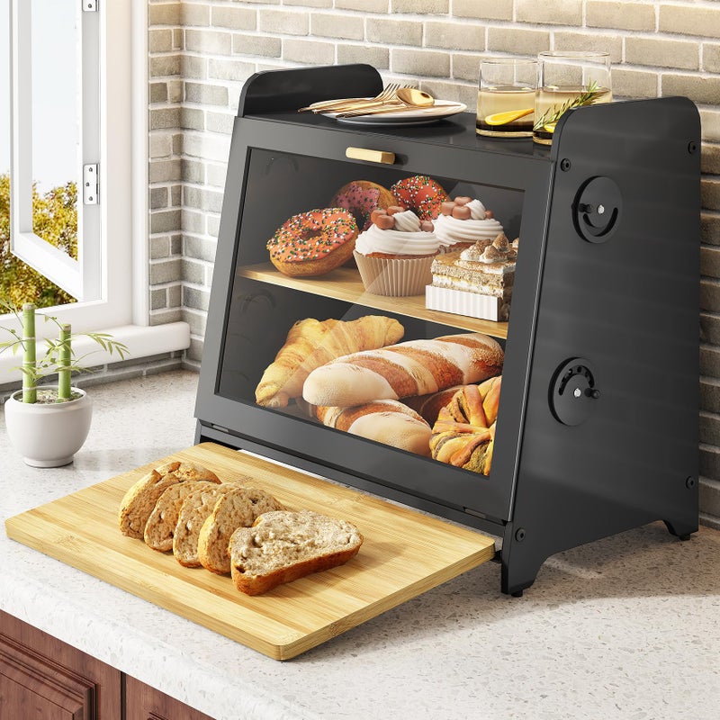 SNTD Bread Box for Kitchen Countertop, Airtight Homemade Bread Storage Container with Adjustable Vent Holes, Bamboo Cutting Board (Black, L) - Image 1