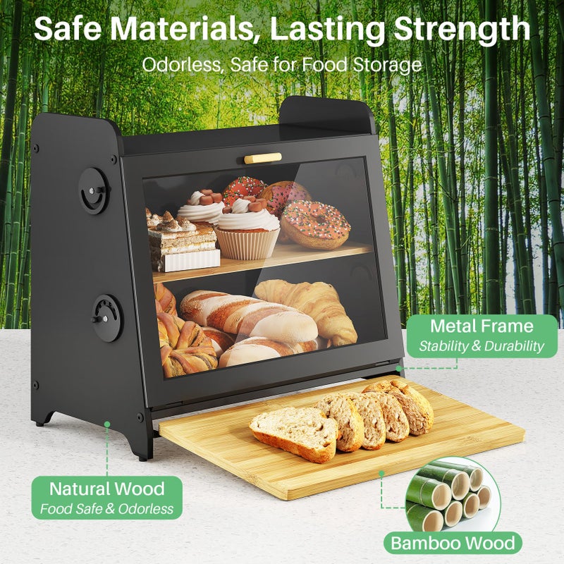 SNTD Bread Box for Kitchen Countertop, Airtight Homemade Bread Storage Container with Adjustable Vent Holes, Bamboo Cutting Board (Black, L) - Image 3
