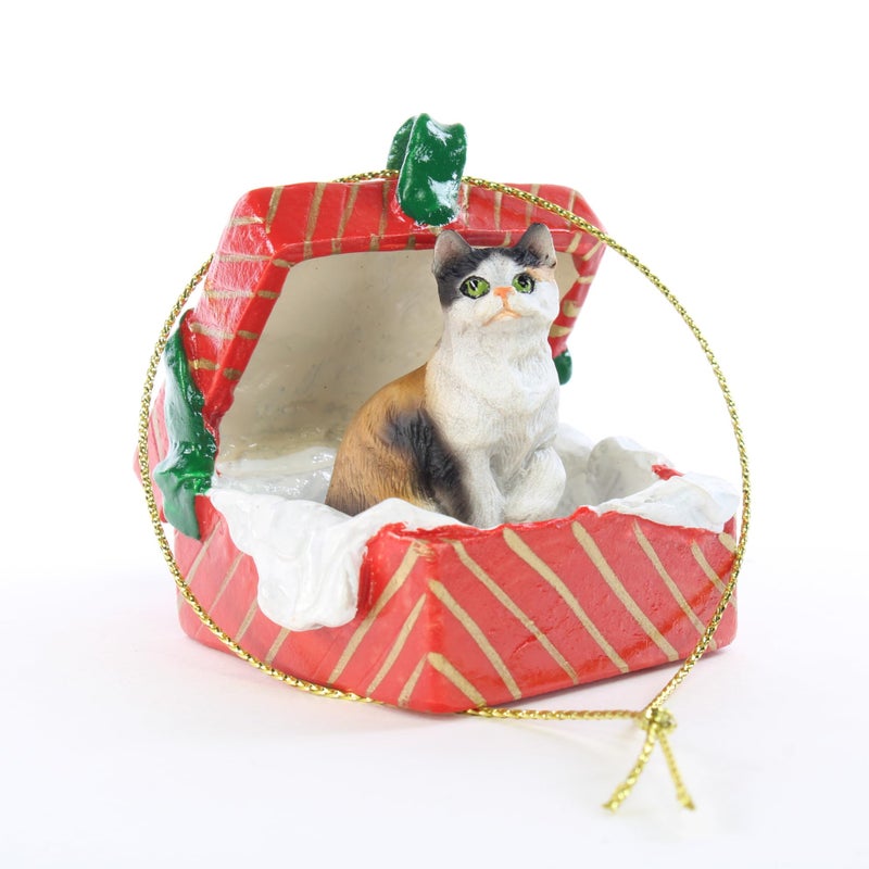 Cat Calico يجلس في صندوق هدايا أحمر جديد زخرفة عيد الميلاد RGBC05