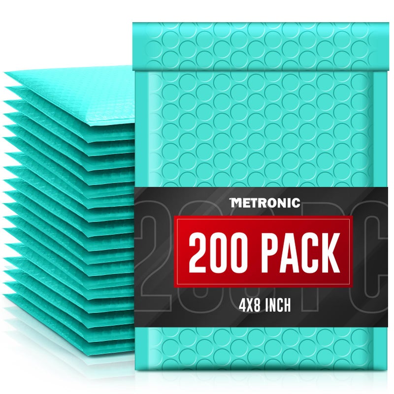 Metronic أكياس فقاعة ميتروينك الصغيرة 4x8 عبوة 200 مقاومة للماء بلون أزرق مائل إلى الأخضر ذاتية الإغلاق مغلفات مبطنة مغلفات فقاعة لتغليف الأعمال الصغيرة بطاقات رياضية حجم قابل للاستخدام 4x7 - Image 1