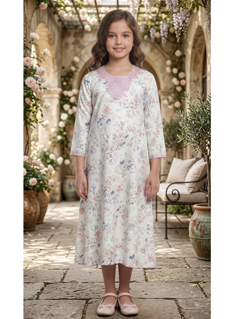 HANA & SARA Girls Arabic Viscose Blended Digital Print Jalabiya – Floral Comfort Fit Festive Wear Dress - Image 1