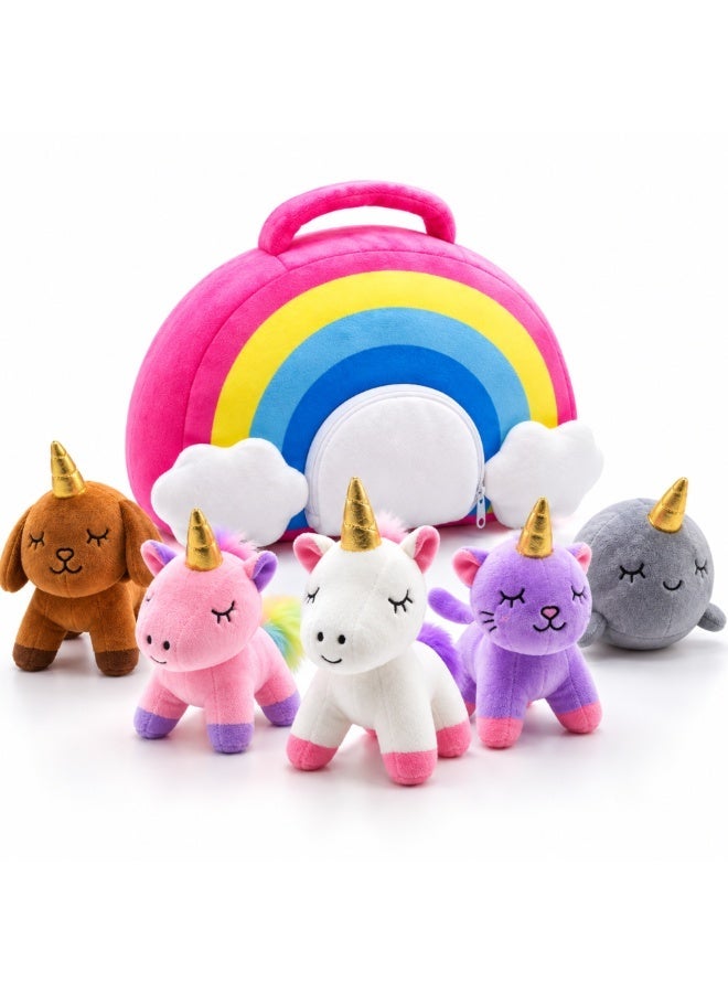 PlumoToys 5 Unicorn Toys in 40 cm Rainbow Carry Bag, Unicorn Soft Toys for Girls, Plushies Gift Set for Kids Ages 3-9 - Image 1