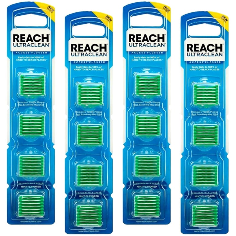 REACH Ultraclean Access Flossers Disposable Heads Fresh Mint Crystals 28 Each Pack of 4