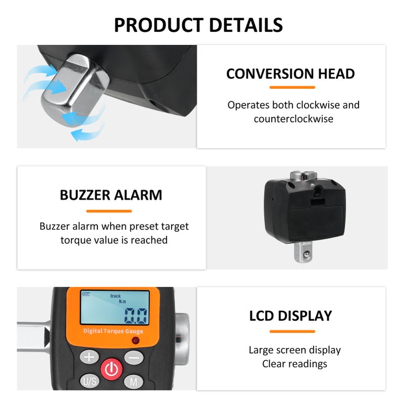 ENC-200 Digital Display Torque Meter Wrench Torque Tester 1/2'' Drive & Includes Adapters for 3/8'' and 1/4'' with Sound Light Alarm Function High Accuracy 4 Torque Units Backlit Display - Perfect - Image 3
