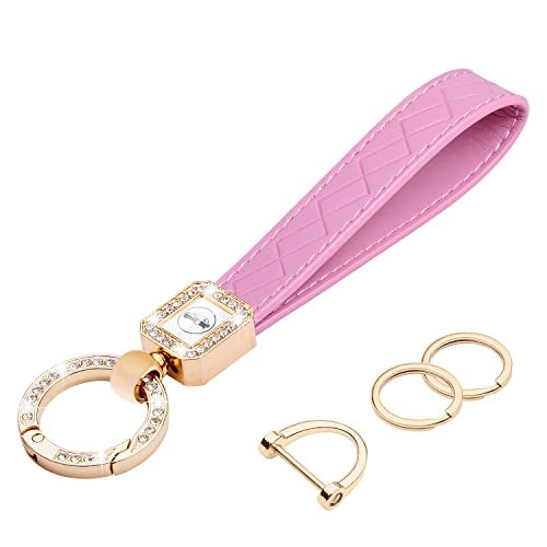 Wisdompro Microfiber Leather Car Keychain, Universal Bling Car Key FOB Keychain Key Chain Holder with Anti-lost D-ring and 2 Keyrings for Women - Pink - Image 1