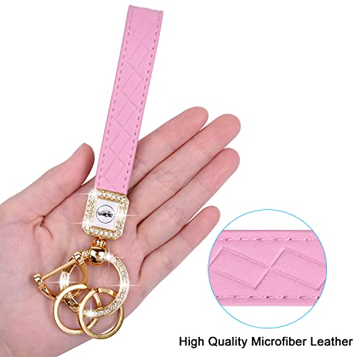 Wisdompro Microfiber Leather Car Keychain, Universal Bling Car Key FOB Keychain Key Chain Holder with Anti-lost D-ring and 2 Keyrings for Women - Pink - Image 2