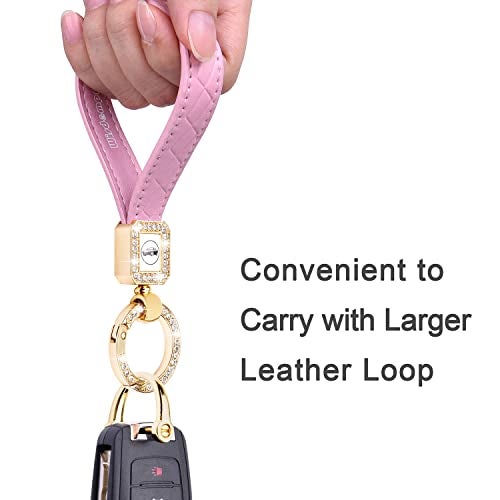 Wisdompro Microfiber Leather Car Keychain, Universal Bling Car Key FOB Keychain Key Chain Holder with Anti-lost D-ring and 2 Keyrings for Women - Pink - Image 3