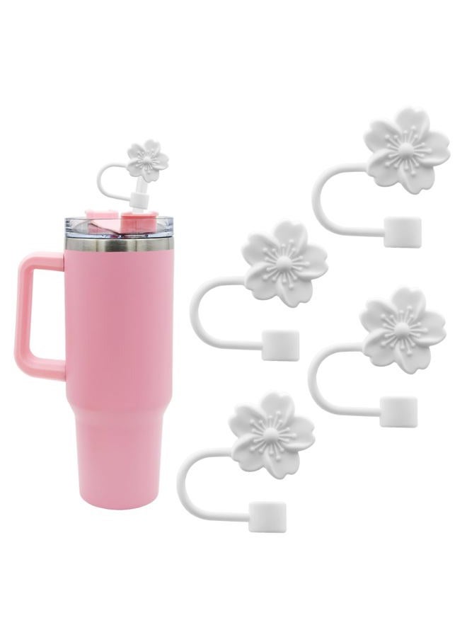 Meitesti Flower Silicone Straw Cover Cap for Stanley Cup,Straw Topper 10mm 0.4in Dust-Proof Reusable Straw Tips Lids,Straw Tip Covers Gift for Party Decor (White Cherry blossom 4pcs) - Image 1