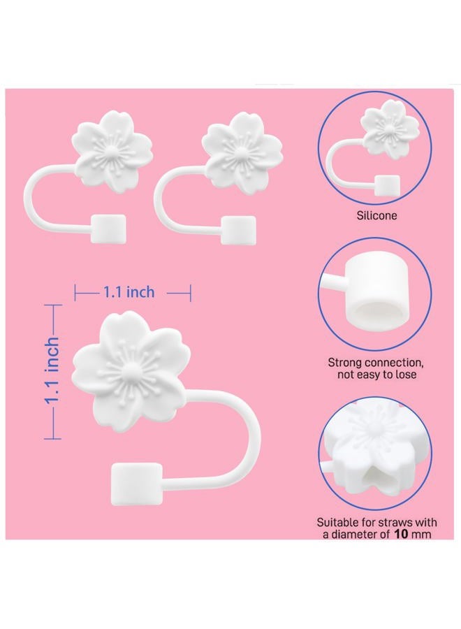 Meitesti Flower Silicone Straw Cover Cap for Stanley Cup,Straw Topper 10mm 0.4in Dust-Proof Reusable Straw Tips Lids,Straw Tip Covers Gift for Party Decor (White Cherry blossom 4pcs) - Image 3